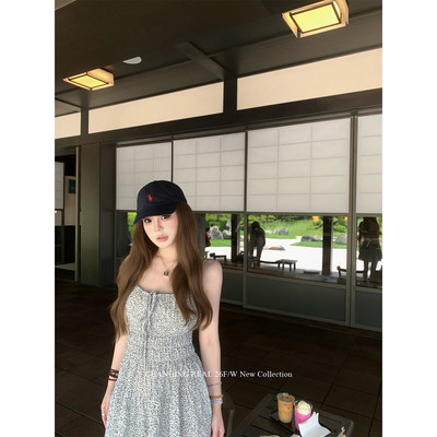 黑白碎花收腰纯欲吊带连衣裙