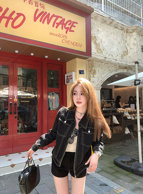 CHANGING REAL 巴黎古董店 黑色牛仔外套显白复古休闲夹克外套女