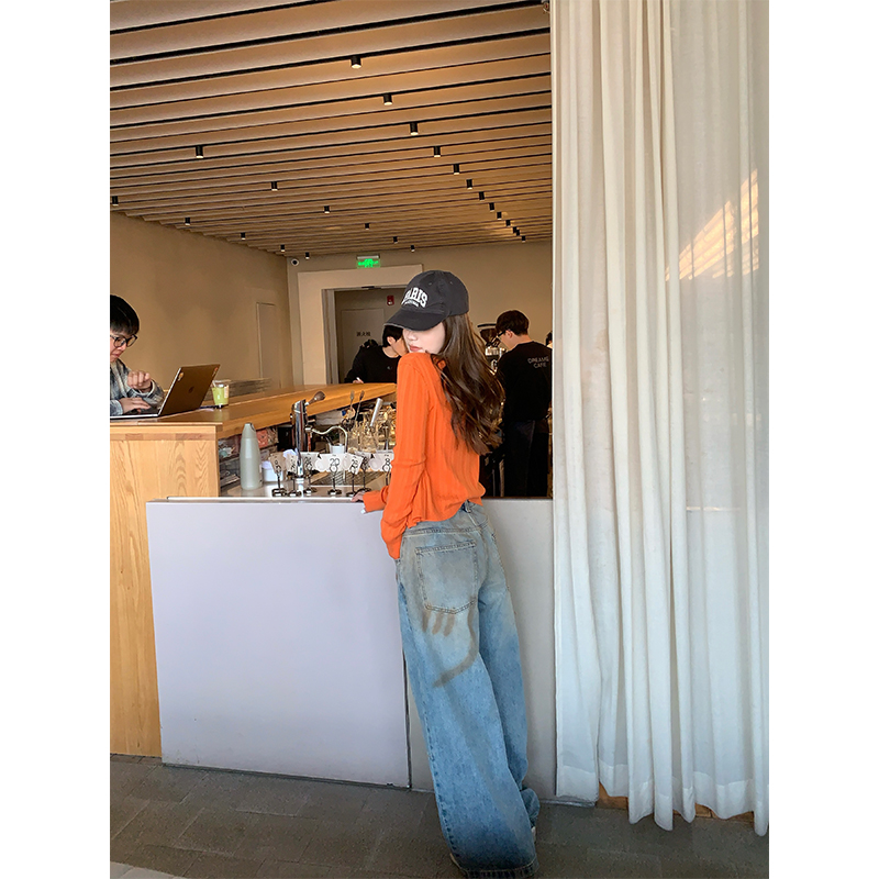CHANGINGREAL腮红牛仔阔腿裤女