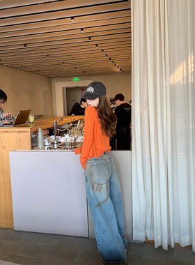 CHANGING REAL 雾蓝心事 美式做旧腮红牛仔裤女高腰直筒阔腿裤夏