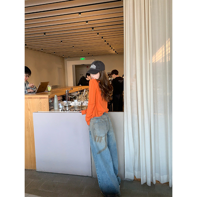 CHANGINGREAL腮红牛仔阔腿裤女