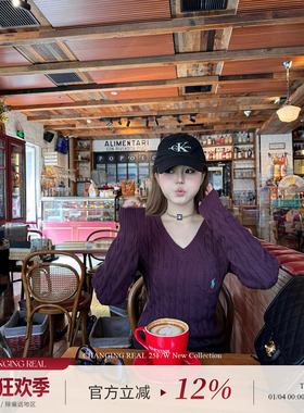 CHANGING REAL 雾隐鸢尾 紫色v领麻花毛衣女秋冬气质针织衫上衣