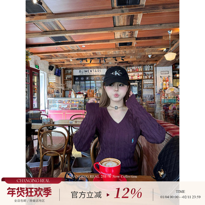 CHANGINGREAL紫色v领毛衣女