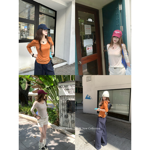 橘色u领长袖 百搭模范生 打底T恤防晒垂感宽松上衣 REAL CHANGING