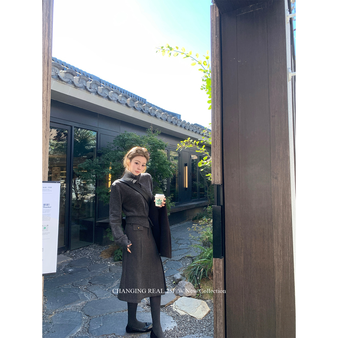 CHANGINGREAL灰色高领纽扣毛衣