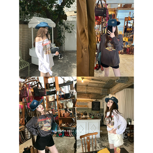 斜肩慵懒印花长袖 CHANGING 美式 克林索尔 T恤露肩宽松上衣 REAL