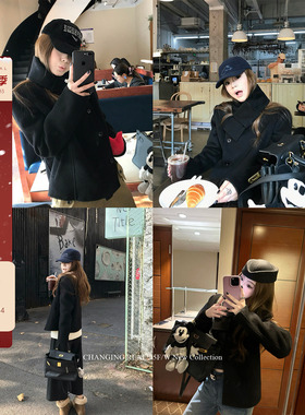 CHANGING REAL柏林雾语 高级感黑色双排扣两穿围巾双面呢短款外套