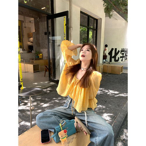 CHANGINGREAL姜黄色雪纺衬衫