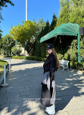 CHANGING REAL 奥法庄园 黑色翻领毛呢大衣中长款女秋冬气质外套