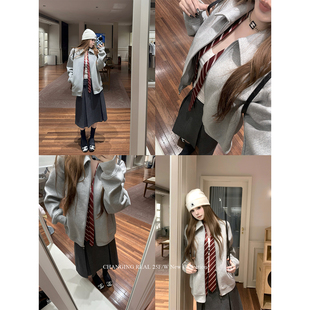 CHANGING REAL 云雾桦林 灰色高克重翻领卫衣外套女秋冬百搭上衣