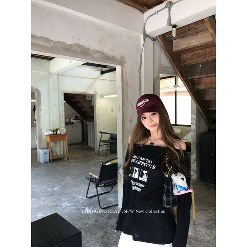 CHANGING REAL 时髦精 黑色印花防晒长袖上衣设计感宽松百搭T恤女