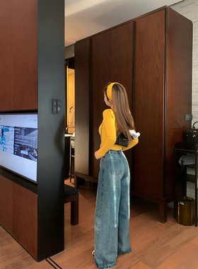 CHANGING REAL森斯洛牛仔 蓝色牛仔裤水洗复古显瘦时髦阔腿裤长裤