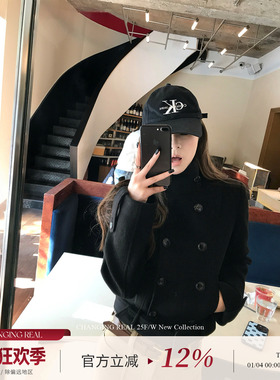 CHANGING REAL 巴黎记事 黑色双排扣夹棉毛呢外套连衣裙两穿女冬