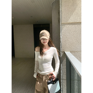 两色斜肩长袖 CHANGING 早安信 莫尔 T恤女宽松显瘦针织上衣 REAL