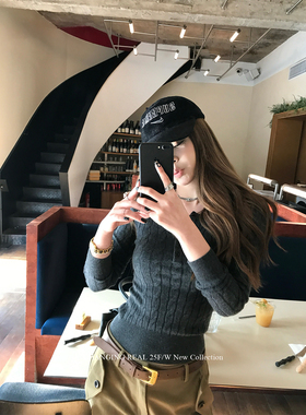 CHANGING REAL 秒变纸片人 亨利领深灰色修身毛衣女针织打底上衣