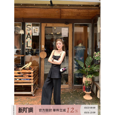 CHANGINGREAL黑色亚麻显瘦套装