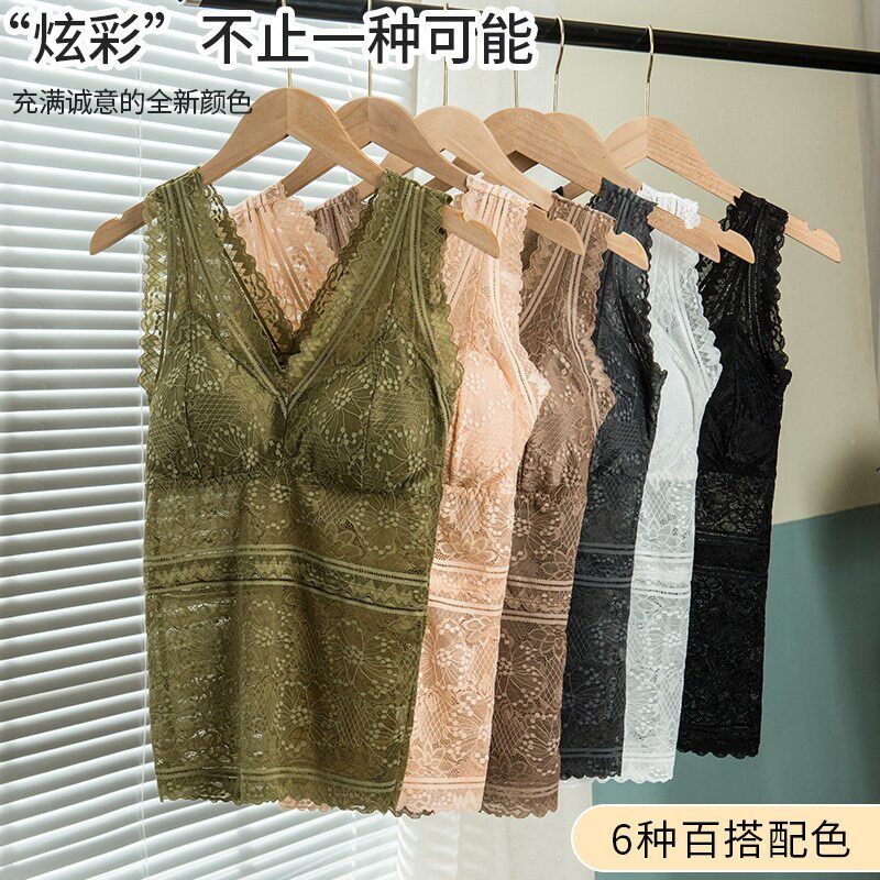 大码轻奢法式蕾丝吊带背心外穿性感舒适带胸垫可拆卸百搭背心打底