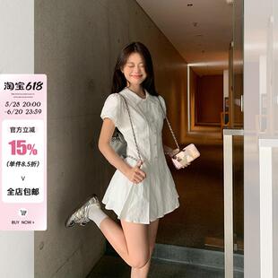 宋正恩学院风白色泡泡袖衬衫连衣裙女夏季气质收腰小个子甜美短裙