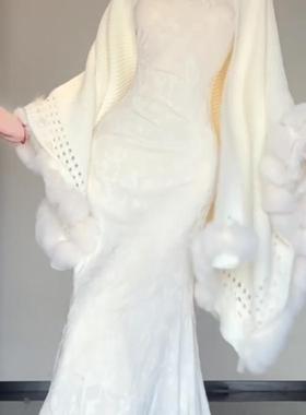 慵懒麻花针织环保毛毛球披肩外套秋冬2024新款斗篷披肩毛衣外套女