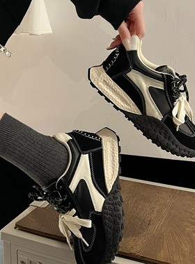 真皮复古厚底7CM内增高德训鞋女小众黑色阿甘鞋运动休闲老爹鞋子