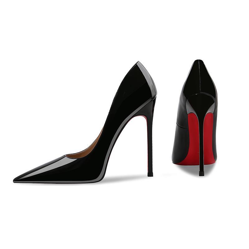 2024年春秋新款漆皮黑色细跟尖头超高跟鞋女性感御姐12cm红底单鞋
