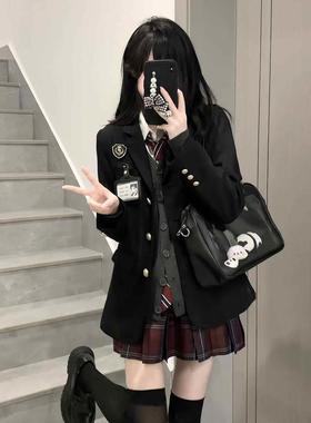 正版jk套装制服秋冬西装外套女红格圣诞色一整套原创黑色修身西服