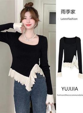 小众复古荷花边方领毛衣女春秋冬季修身显瘦内搭长袖针织衫上衣潮