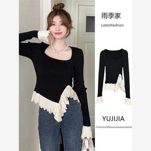 小众复古荷花边方领毛衣女春秋冬季修身显瘦内搭长袖针织衫上衣潮