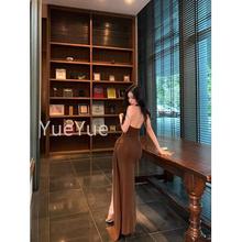 性感露背u挂脖连衣裙女夏季开5270领叉收妹针织长裙辣修身包腰臀