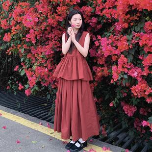 法式红色无袖背心连衣裙女夏季2025新款小个子高级感穿搭套装长裙