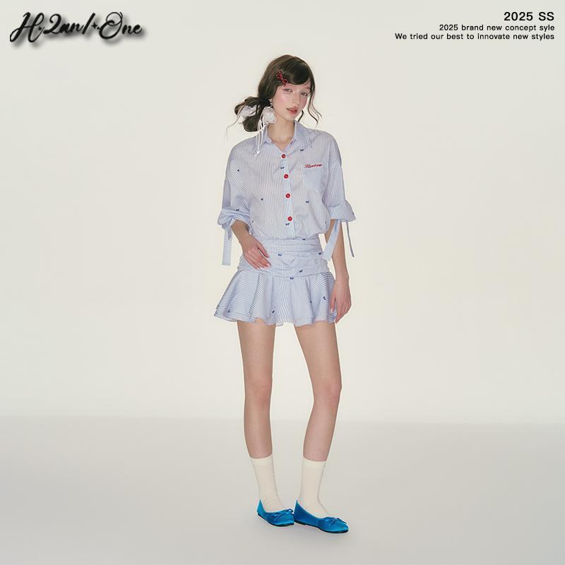 H2AN1 STUDIO翻领中袖收腰衬衫裙蓝白条纹连衣裙荷叶边百褶裙