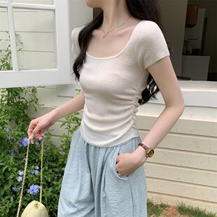 彩娜儿方领褶皱2024夏季新款针织短袖T恤女装设计感小衫爆款上衣
