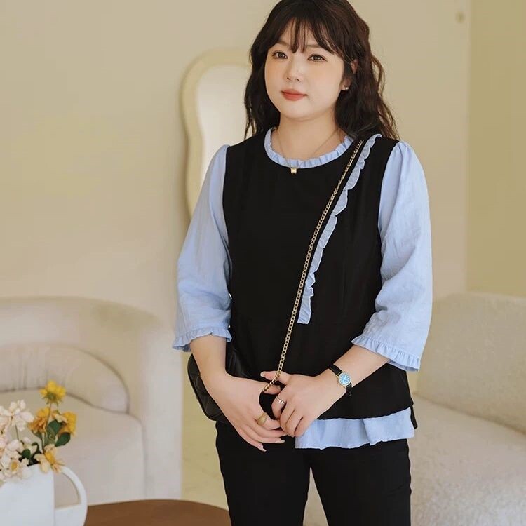 大码女装洋气木耳边假两件衬衫胖MM春季新款显瘦七分袖拼接上衣女