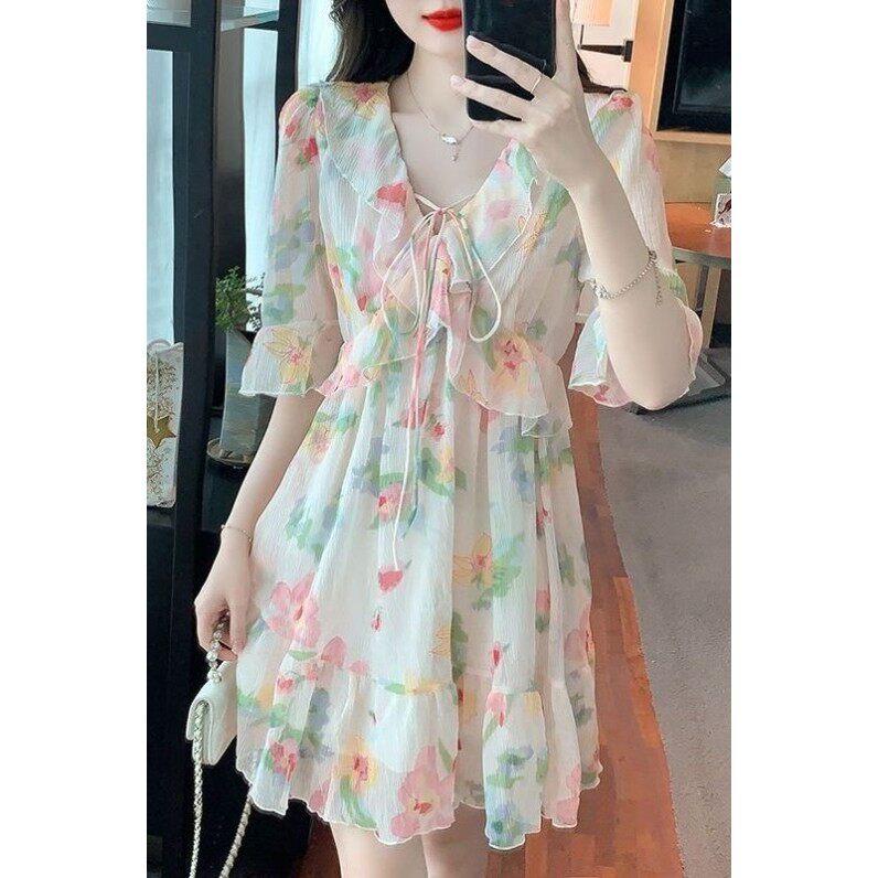 2025新款夏季碎花连衣裙韩版瑞丽甜美淑女型荷叶边气质显廋连衣裙