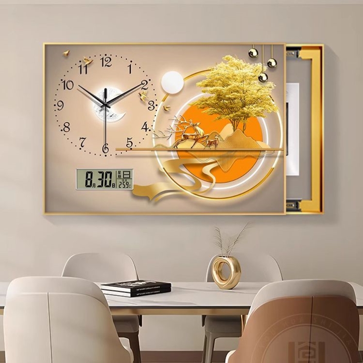 轻奢羽毛电表箱装饰画现代简约带钟表万年历遮挡配电箱电子钟挂画