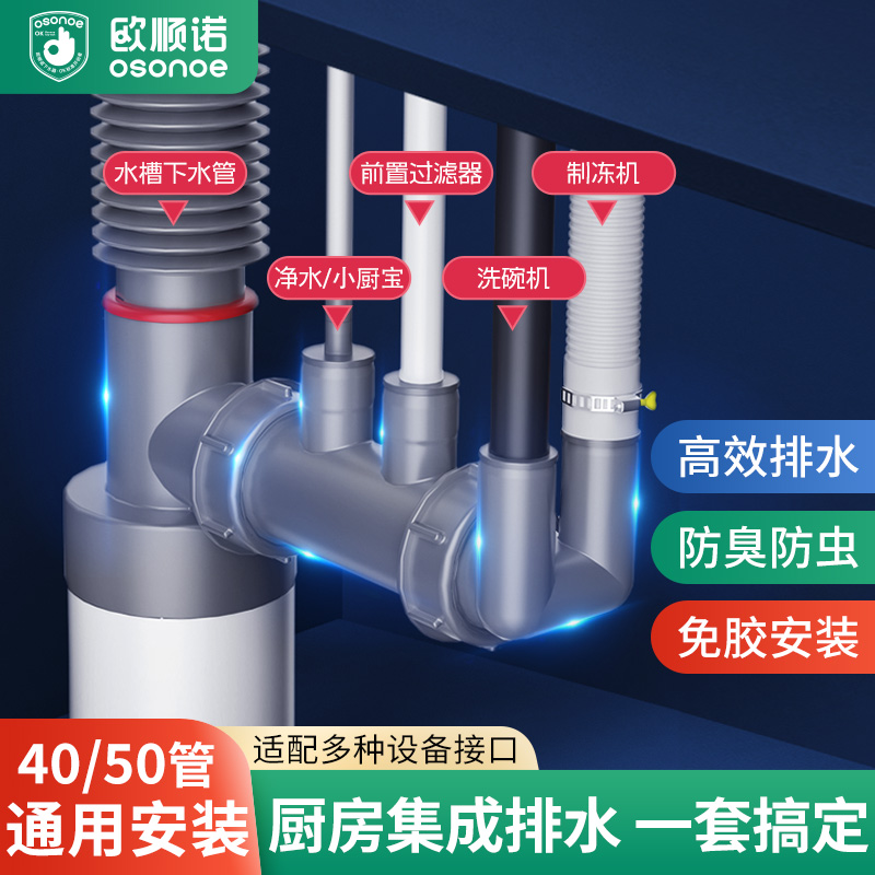 【欧顺诺】接净水器厨宝洗碗机排水三通四通防臭通用配件