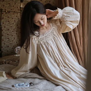法式长袖长款睡裙女款纯棉复古大码公主风宫廷风睡衣女秋冬家居服