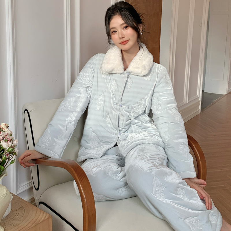 色丁夹棉特厚家居服套装可外穿