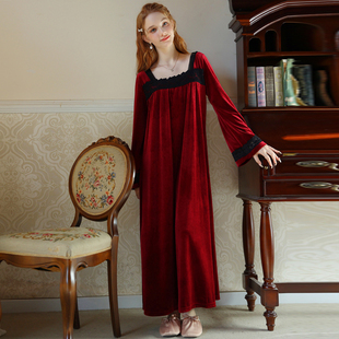 冬季女士高级宫廷睡裙女长款脚踝性感金丝绒睡衣红色睡袍女款秋冬