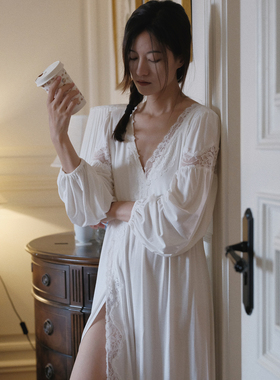 2026新款莫代尔长袖睡裙女款性感长款法式高级感白色蕾丝睡衣女夏