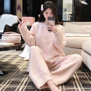 冬季软绵绵半边绒睡衣女冬加绒加厚女款高级感冬天粉色家居服套装