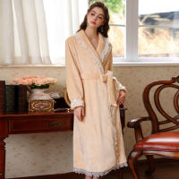 Ladies' long nightgown, women's winter French nightgown, flannel pajamas, women's winter thickened bathrobe, high-end dress thumbnail 2