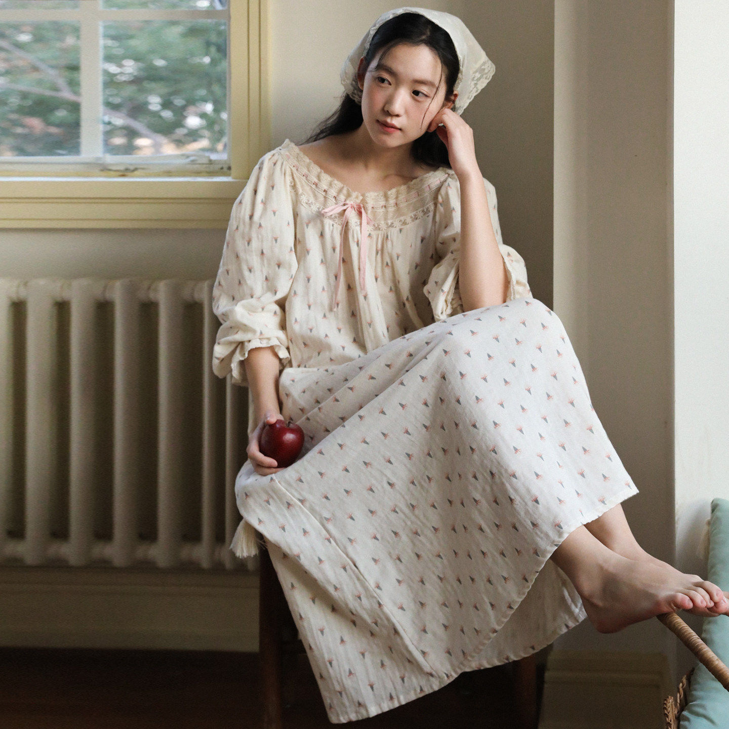 法式女款纯棉睡裙女带胸垫长袖女士甜美公主风棉纱碎花睡衣家居服