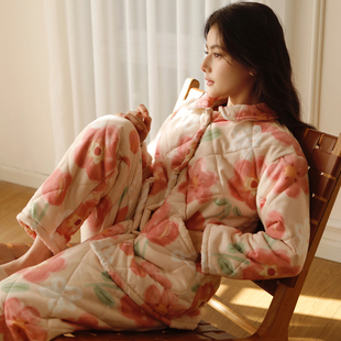 冬季三层加厚夹棉睡衣女秋冬长袖长裤女士家居服套装高级感可外穿