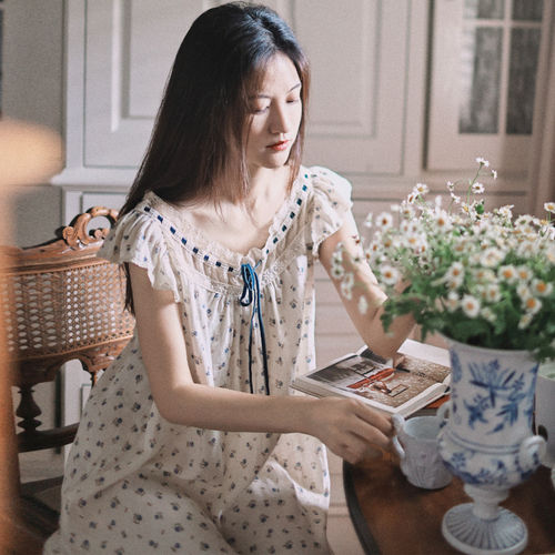 碎花棉纱睡裙长款甜美少女裙