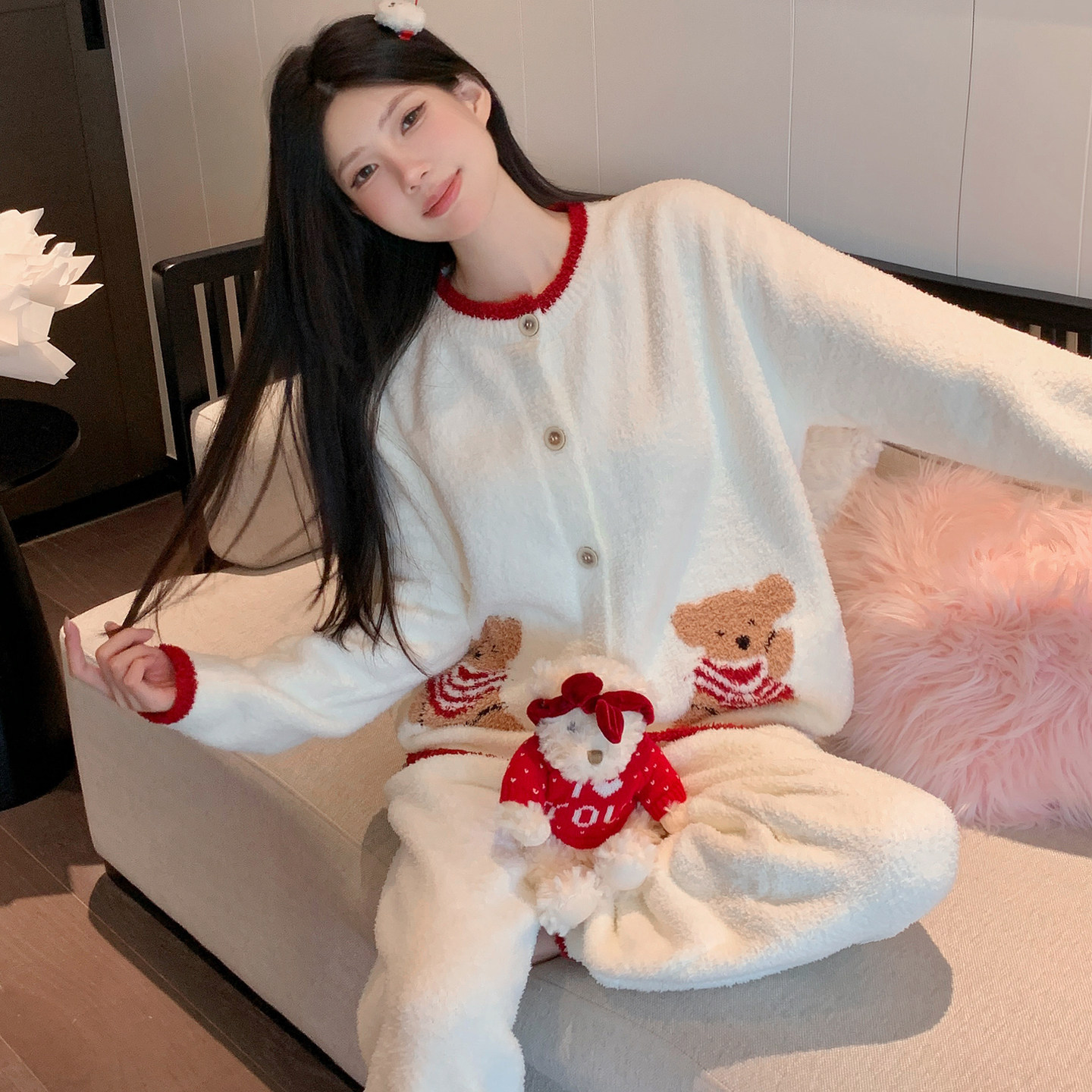 半边绒甜美可爱睡衣套装可外穿