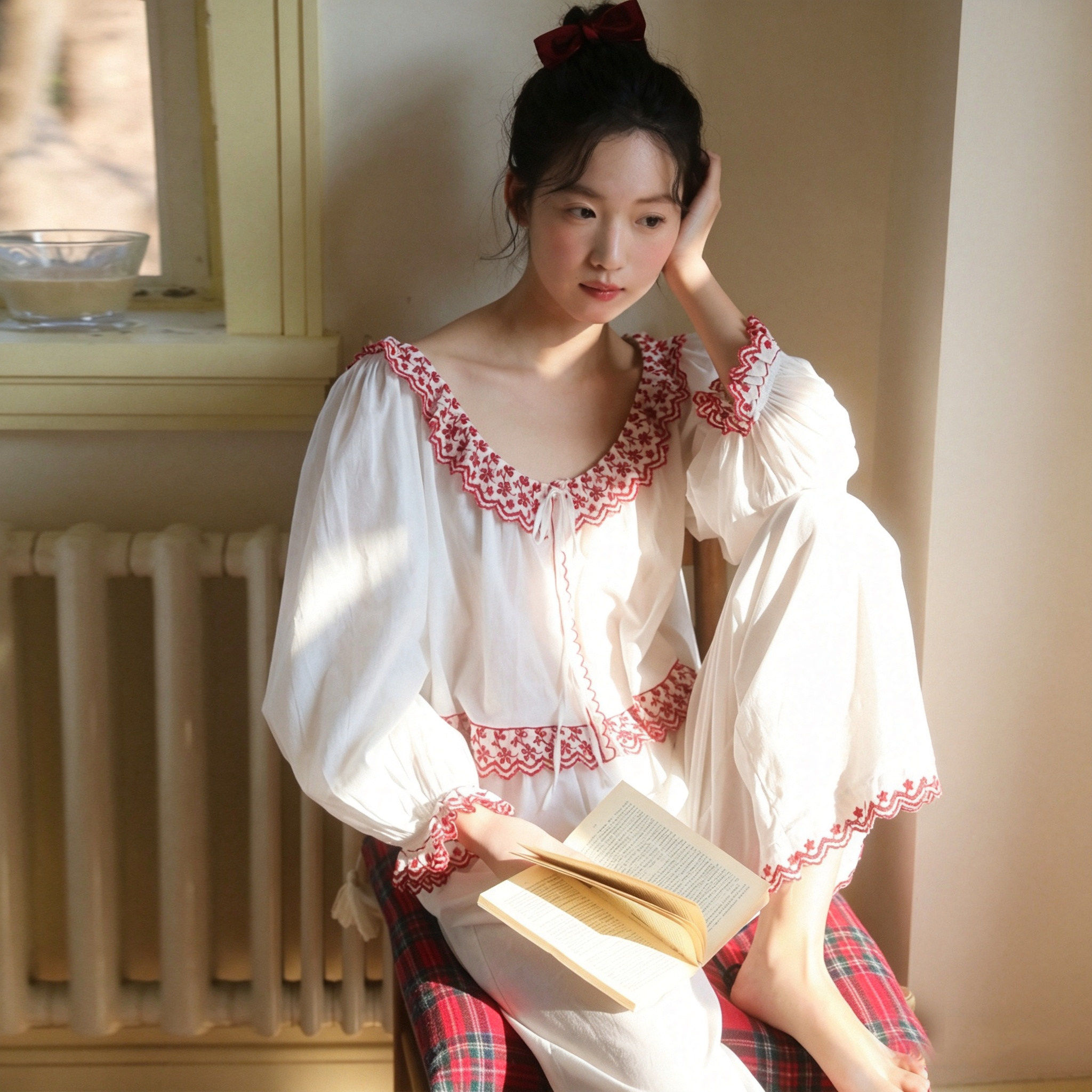 女士宫廷风纯棉睡衣女2026新款夏季长袖长裤女款高级家居服套装夏