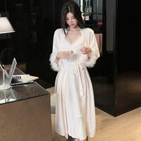 Two-piece ice silk halter pajama set for women, pure and sensual lace sexy nightgown for women, spring and summer with a chest cushion thumbnail 2