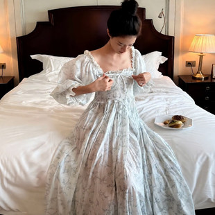 法式女款性感纯棉睡裙长款长袖少女复古收腰修身公主风睡衣女春秋