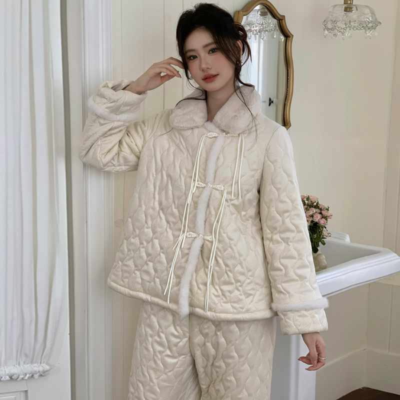 女款三层夹棉新中式家居服套装冬
